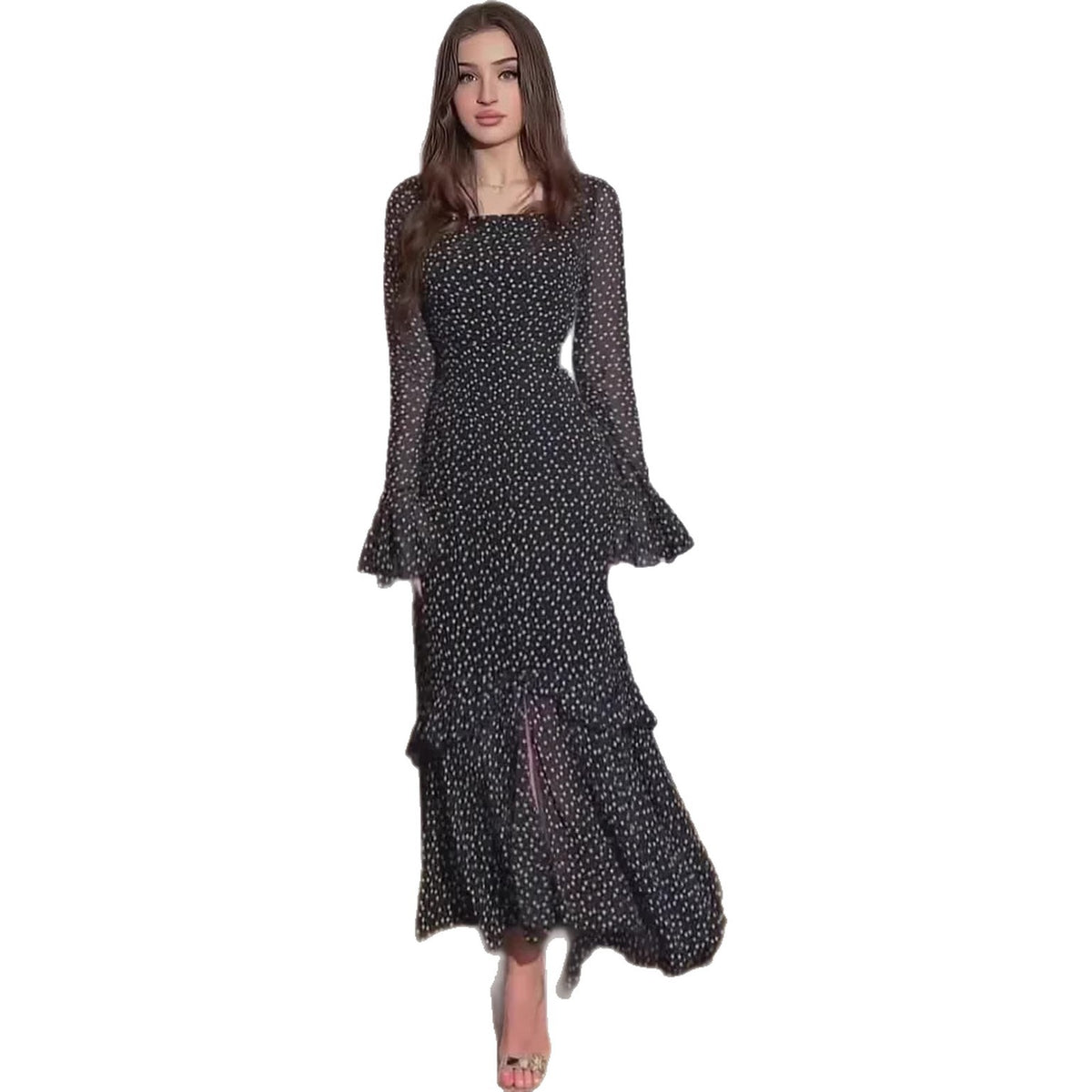 Dress Spring Long Length Patchwork Polka Dot Ruffle Sleeve ChiffonElegant