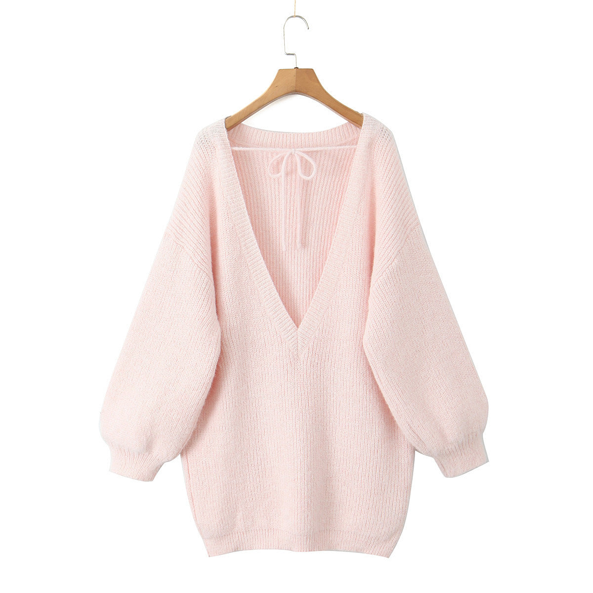 European and American oversized loose medium to long sweater for autumn and winter, V-neck large backless knitted sweater for women