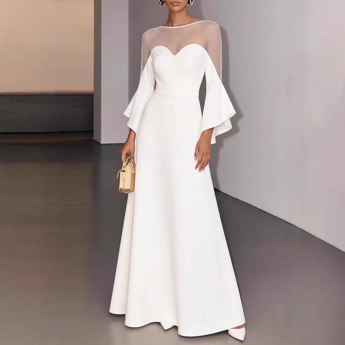 White Long Sleeve Wedding Dress, Slim Fit, Backless Design Evening Gown
