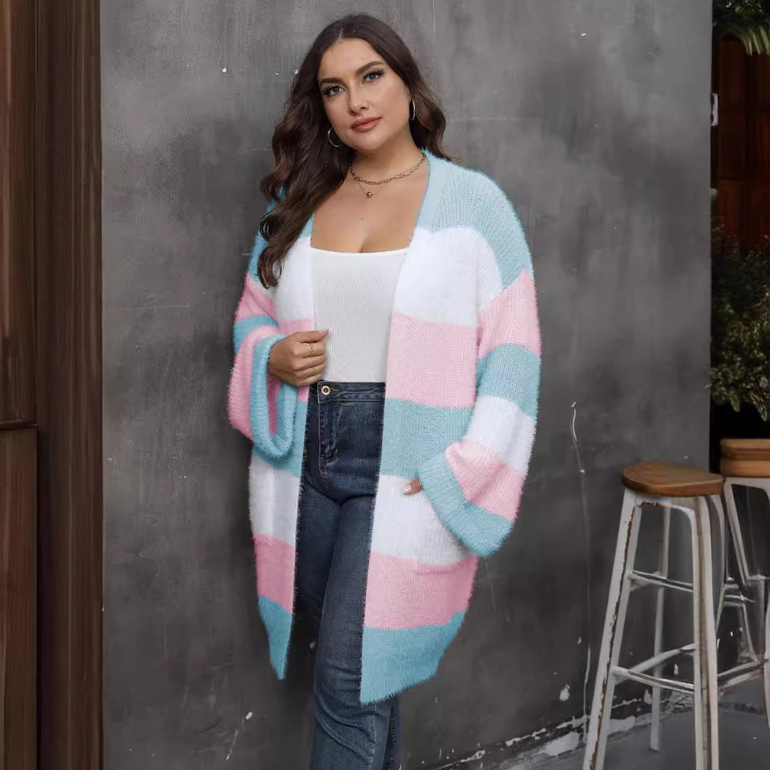Ladies' Open Front Cardigan, Oversized Women's Sweater Coat with Color Block Splicing