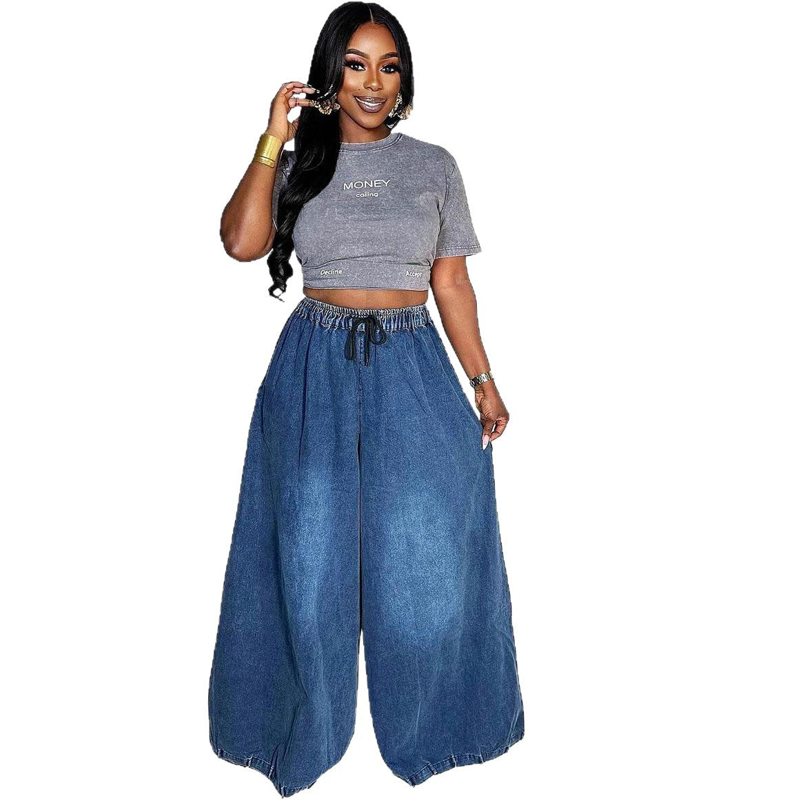Women's Loose Denim Pants Street Casual Elastic Waist Wide Leg Jeans
