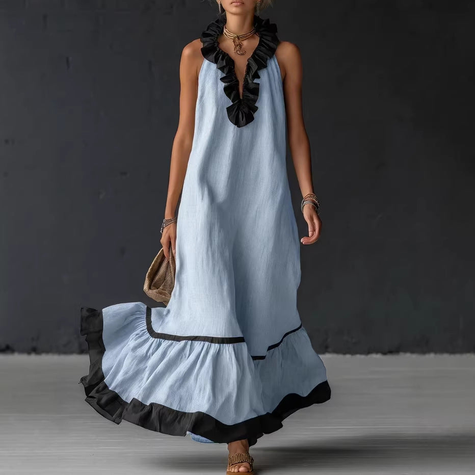 Sleeveless V-neck loose ruffle side length vest dress