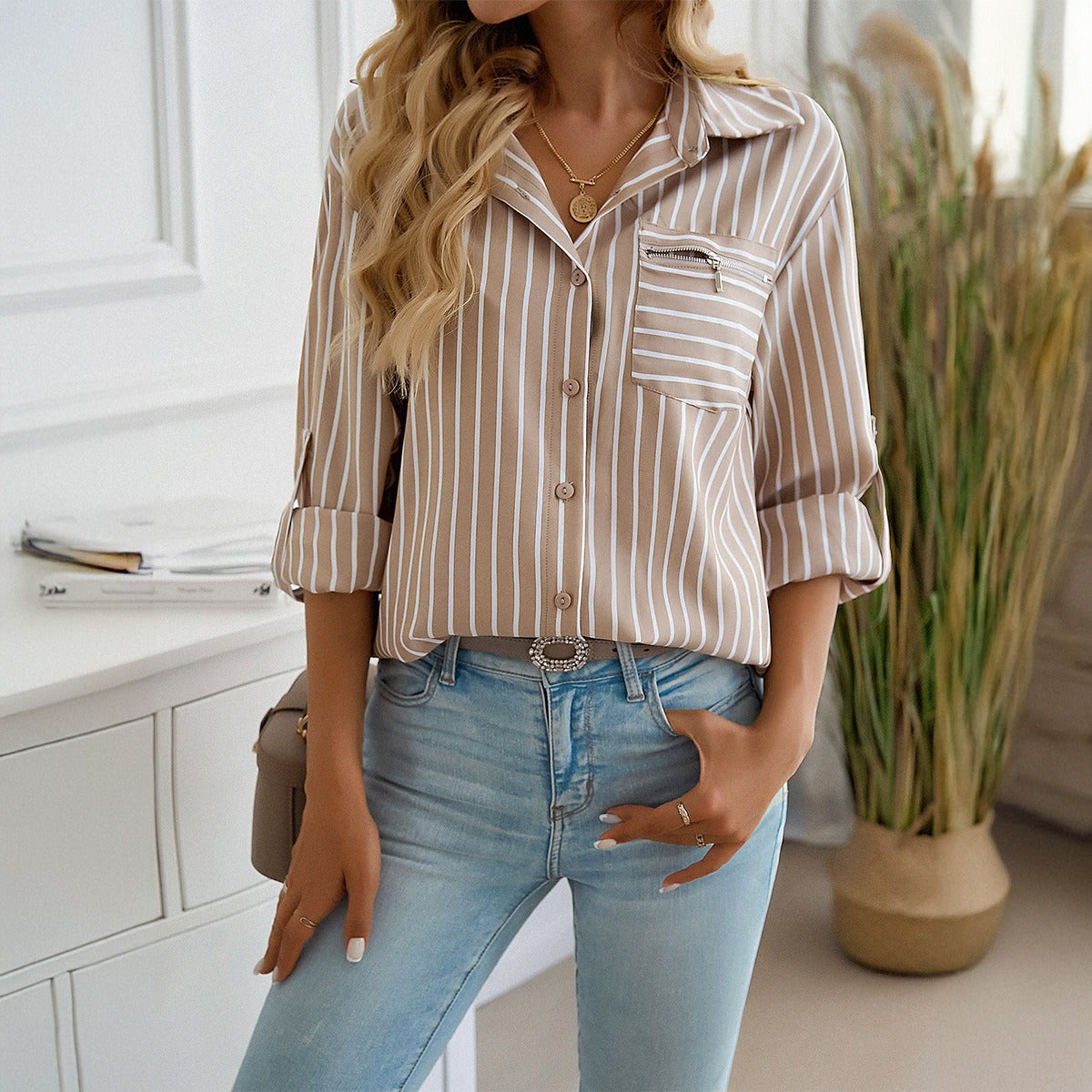Autumn and winter top, women's temperament, loose button cardigan, striped long sleeved shirt