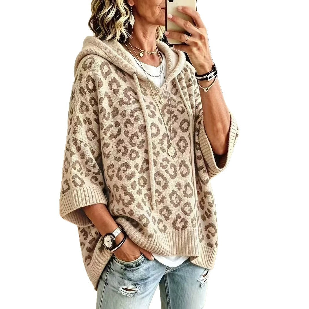 Leopard print hooded drawstring knit pullover hoodie knit