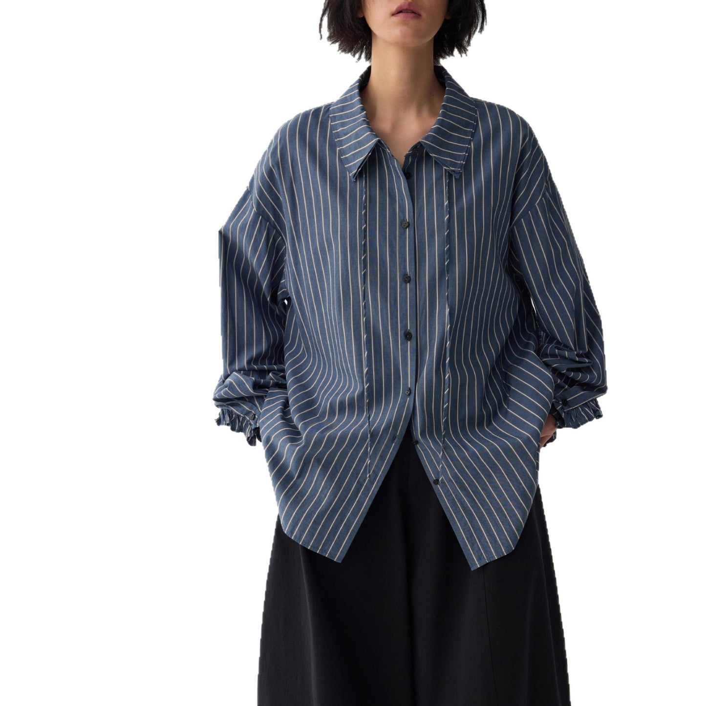 Blue Dream Woven Deep Blue Stripe Double Layer Collar Tie Shirt Top