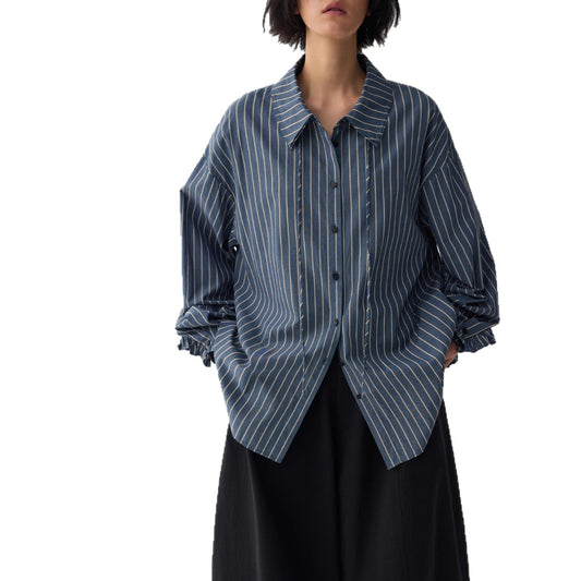 Blue Dream Woven Deep Blue Stripe Double Layer Collar Tie Shirt Top