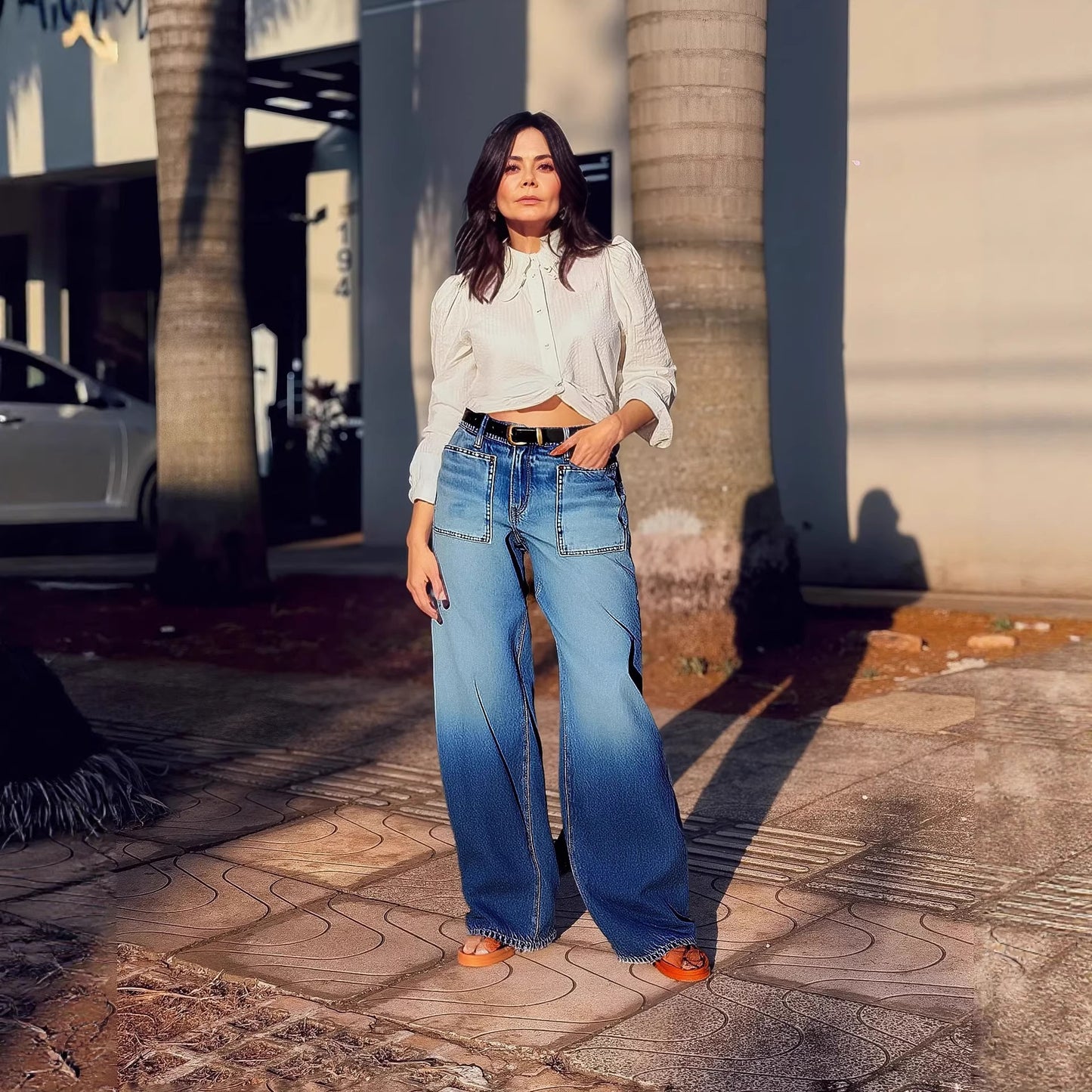 Women's Denim Pants Unique Design Casual Loose Slimming Wide Leg Straight Leg Long Pants