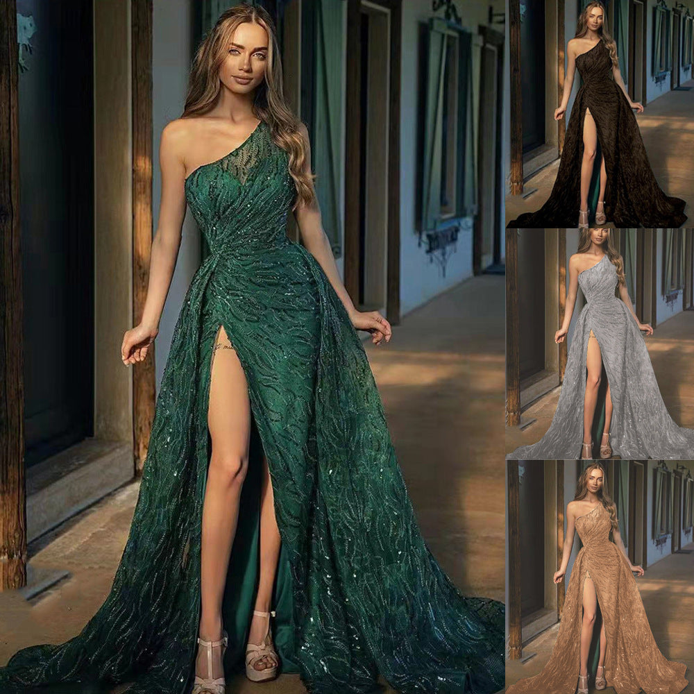 Chic Asymmetric Shoulder Slit Long Dress for Women with Sequins and Strap Detailing, Evening Gown, Formal Wear