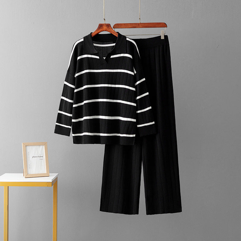 Striped V-neck high waisted wide leg pants two-piece set