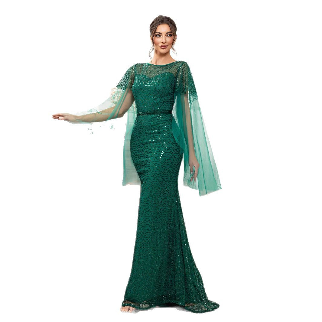 Backless Green Long Sleeve Boat Neck Evening Gown with Sequins Fish Tail Design, Formal Dress for Women