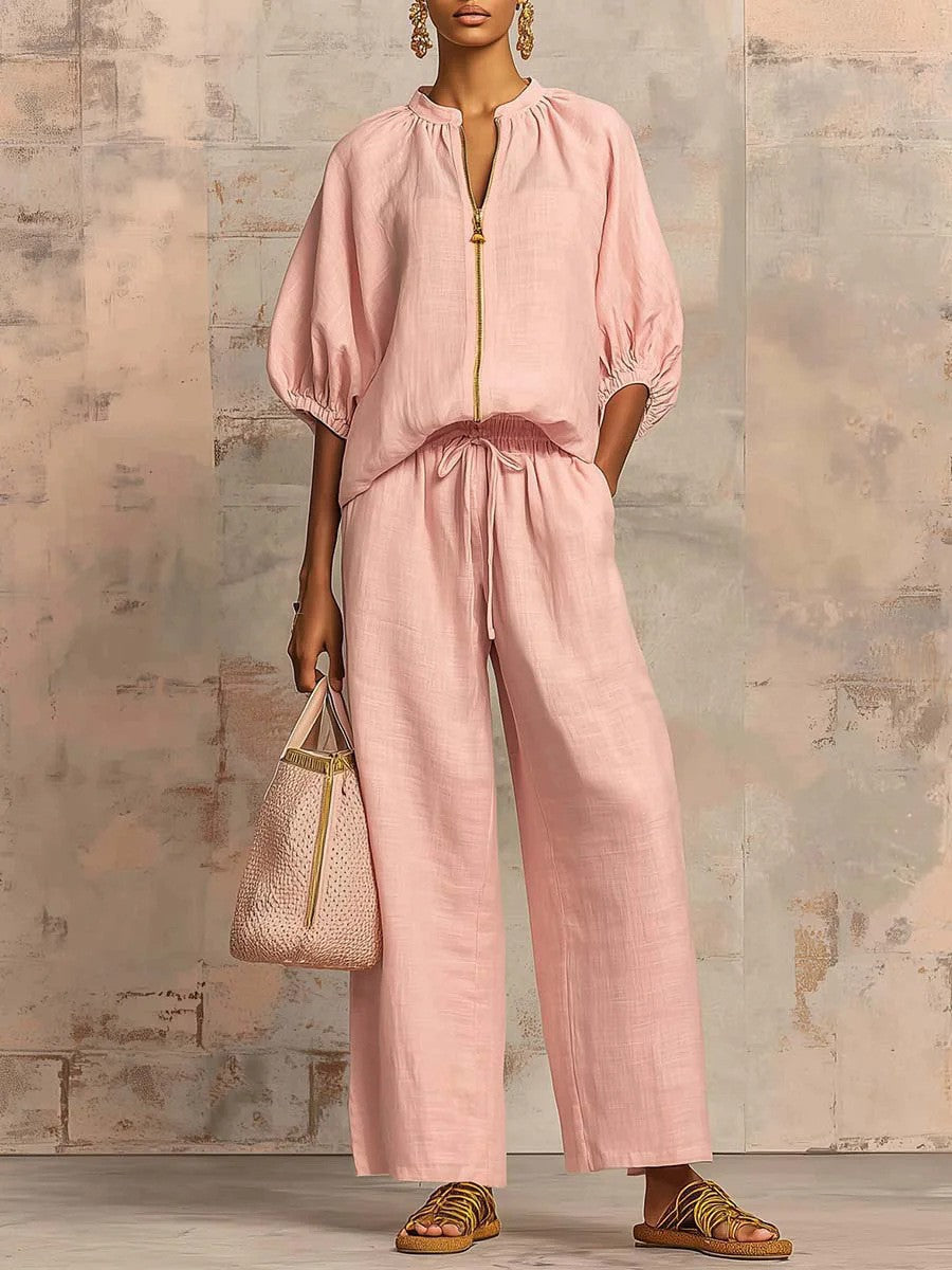 Summer Women's Casual Loose Solid Color Zipper Round Neck Wide Leg Pants Set