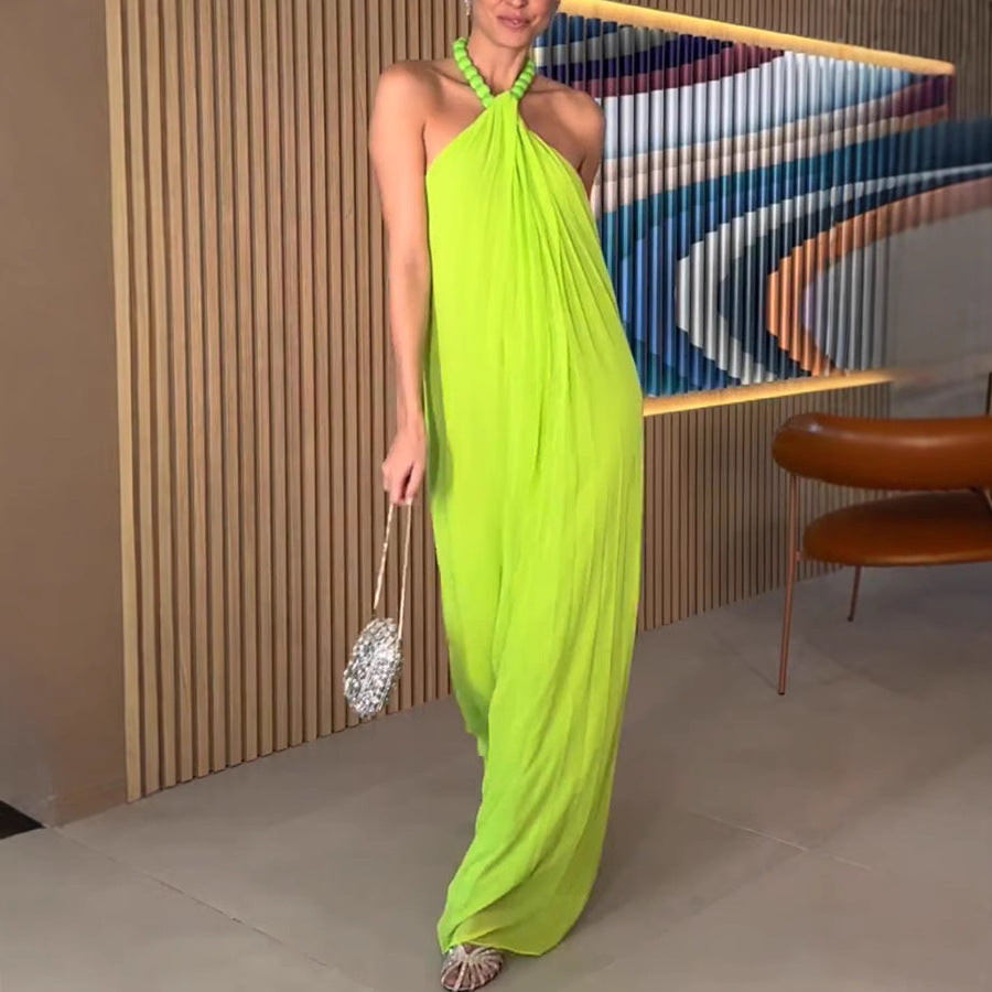 Elegant Chiffon Pleated Halter Dress INS Casual Loose Vacation Dress