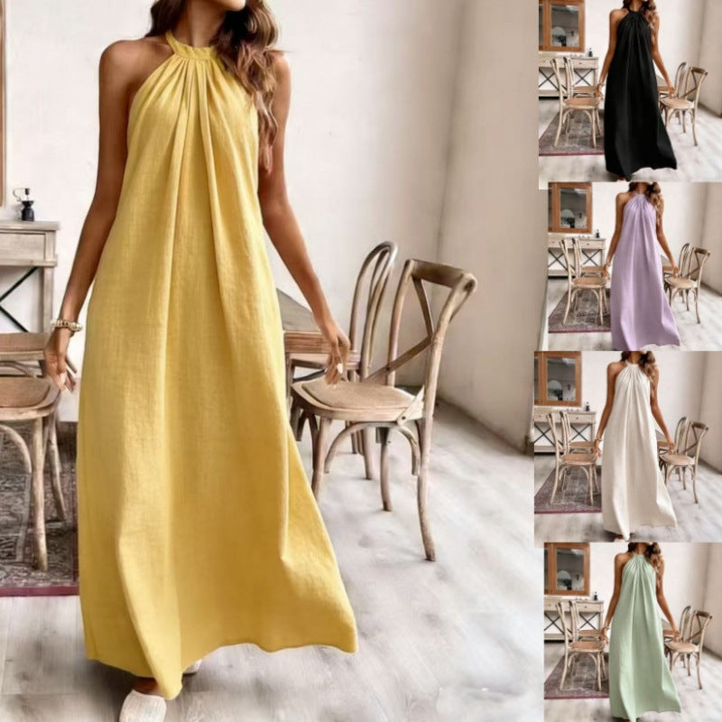Elegant Solid Color Loose Fashion Halter Backless Long Dress for Women