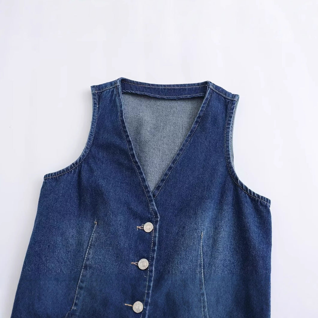Versatile breasted denim vest sleeveless top