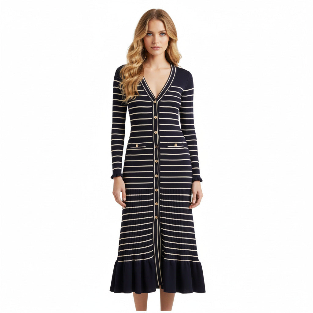 Elegant Fitted Knitted Tweed Stripe Long Sleeve Ruffle Dress with Single Breasted Design Autumn/Winter Lady's Dress