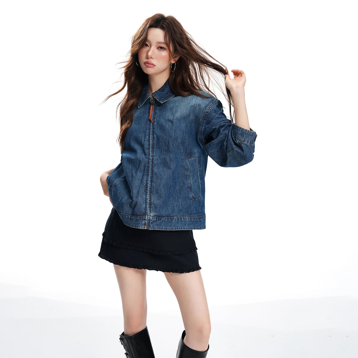 Autumn New Denim Jacket Old Money Style Loose Zip-Up Vintage Denim Outwear Set for Women