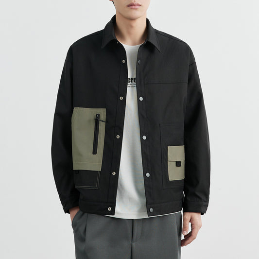 Anti-wrinkle Twill Men's Black Flip Collar Jacket, Trendy Slightly Loose Patchwork Workwear Casual Coat