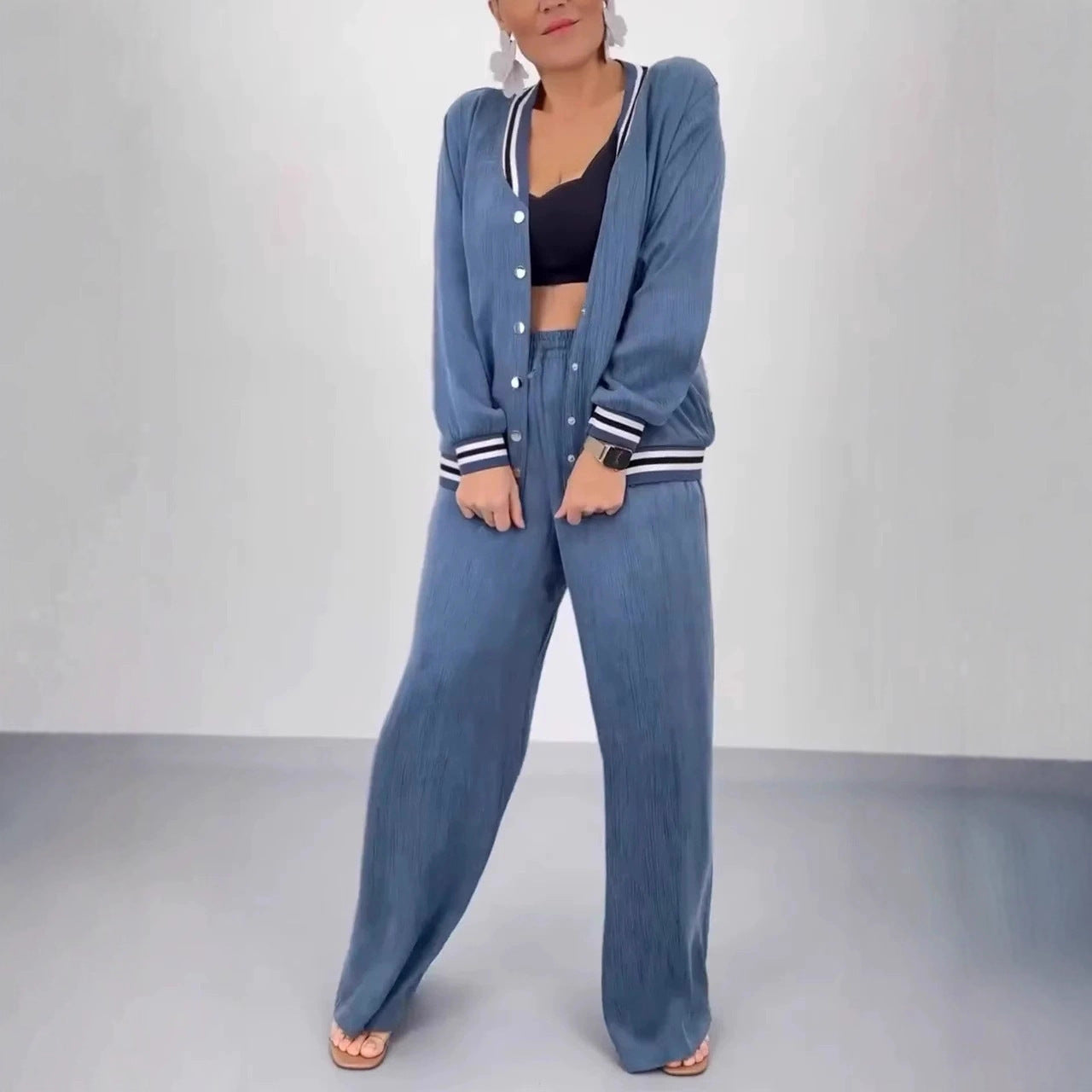 Style Patchwork Round Neck Cardigan Casual Top Wide Leg Pants Set for Women