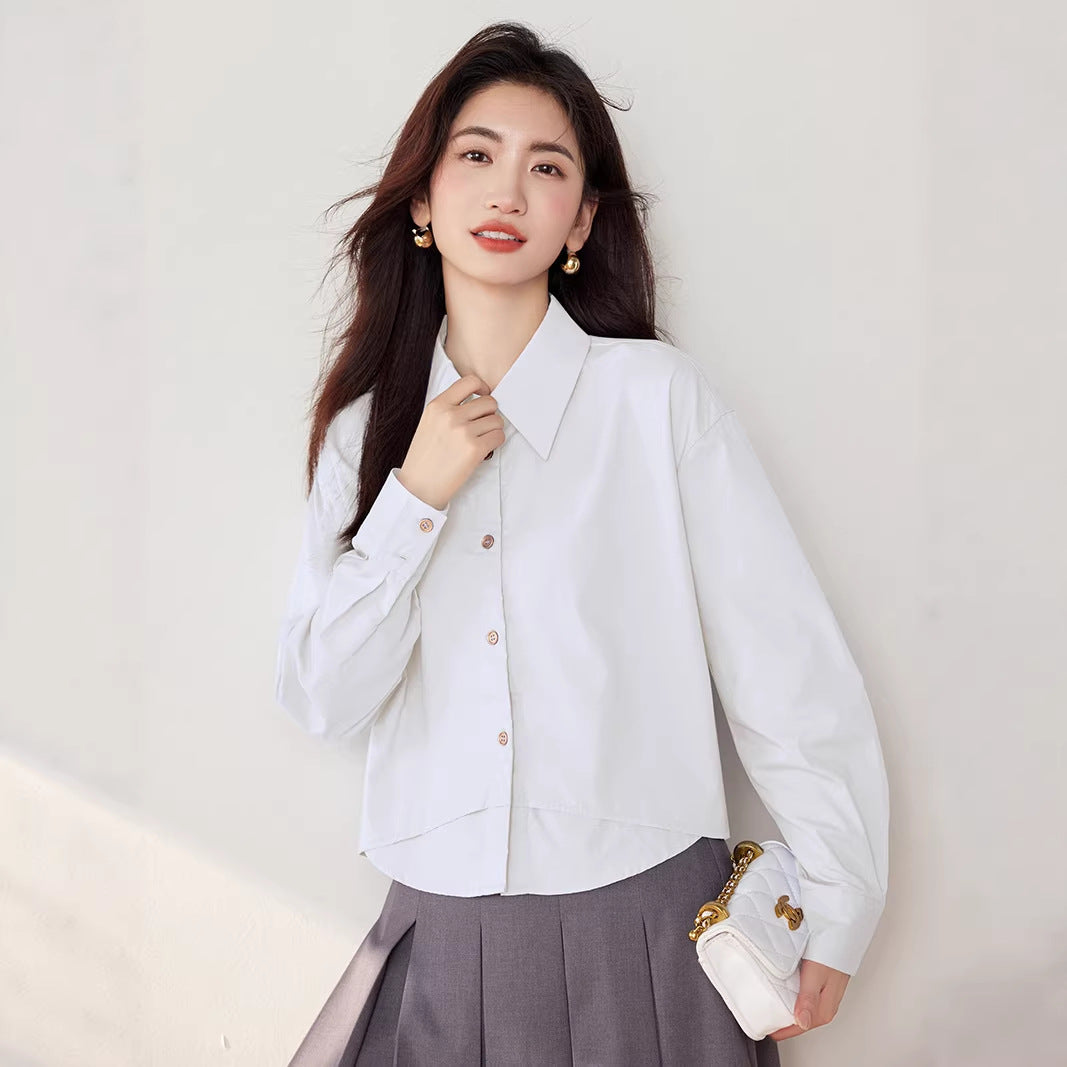 Elegant False Two-Piece Loose Long Sleeve Shirt for Women Fashionable Versatile Turn-Down Collar Solid Color Top