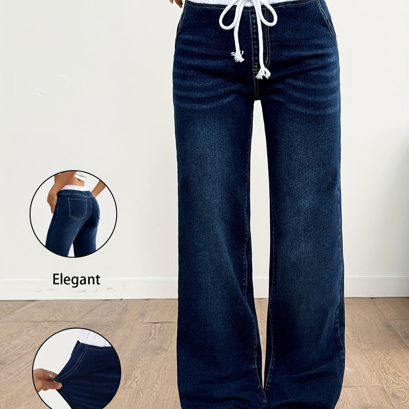 Straight Leg Elastic Waist Tied High Elasticity Pants Straight Loose Narrow Wide Leg Floor-Length Jeans Women Blue Cotton
