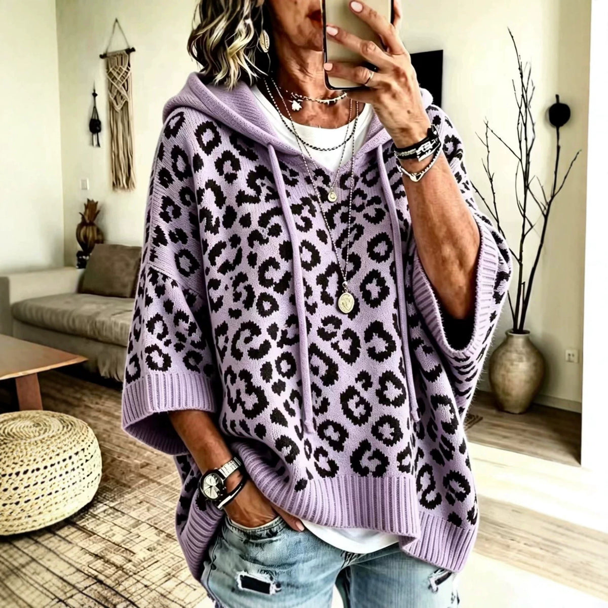 Leopard print hooded drawstring knit pullover hoodie knit