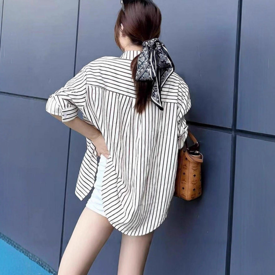 Style Striped Shirt Women's Casual Loose Fit Slimming Age-Reducing Blouse Top