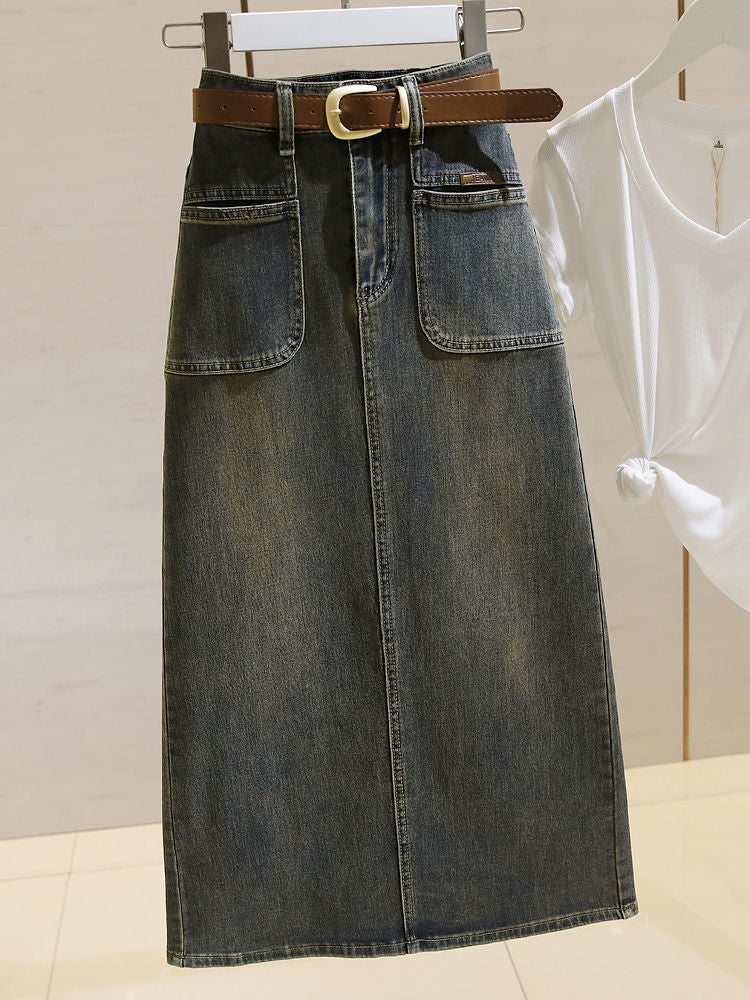 Mid-length denim skirt for women, high waist, retro loose slimming split A-line fitted skirt
