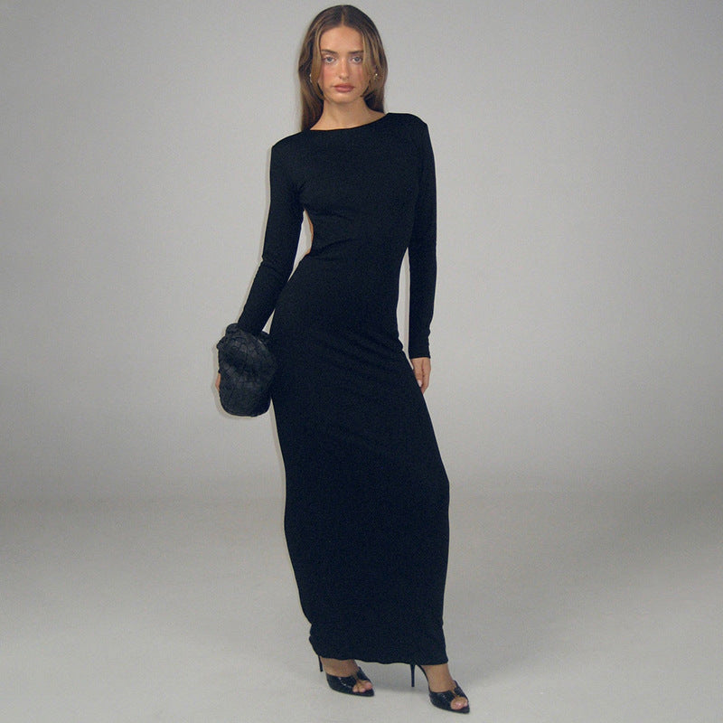 Chic Long Sleeve Solid Color High Back Pleated Sexy Bodycon Maxi Dress for Women