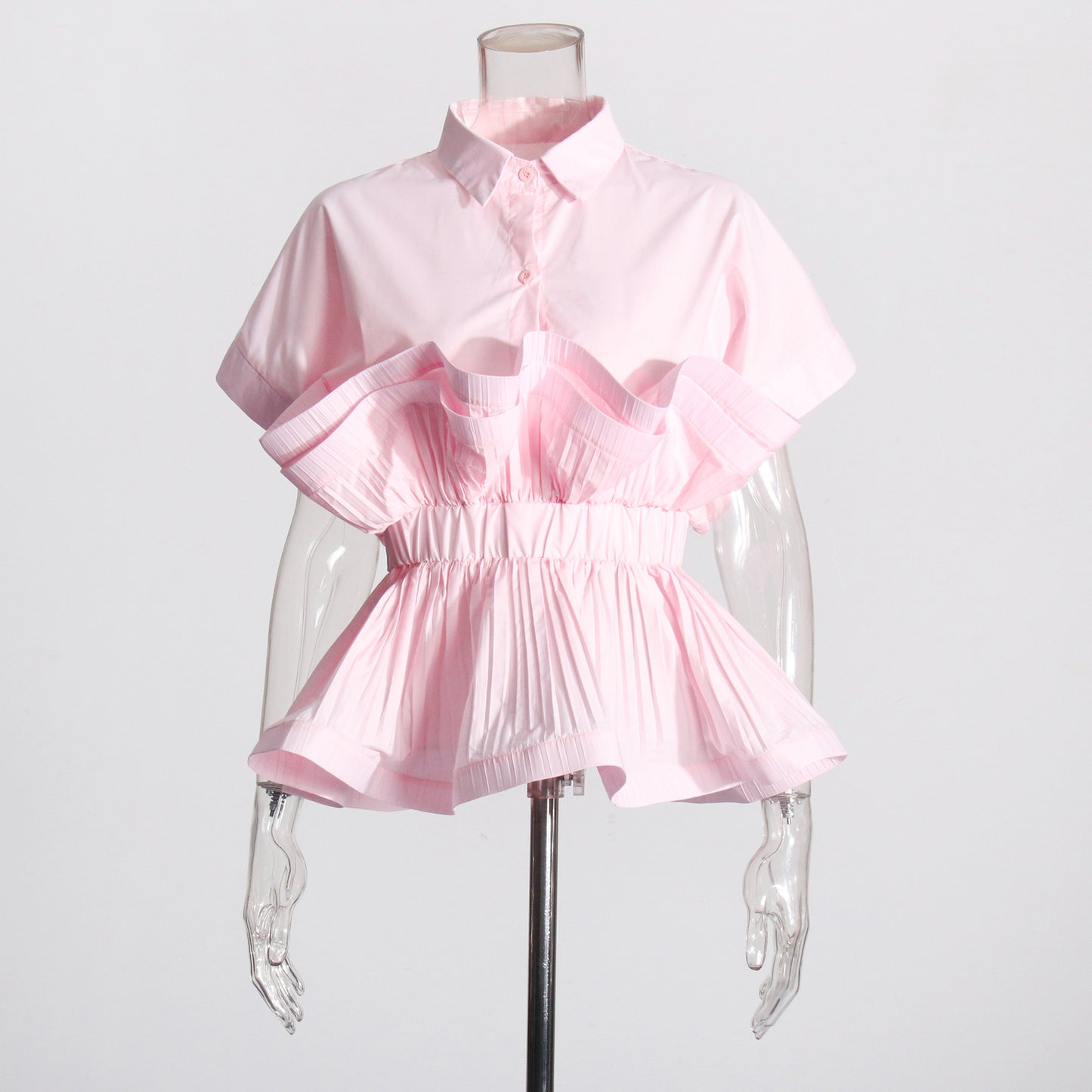 Patchwork Open Front Short Sleeve Ruffle Fitted Slimming Blouse for Women