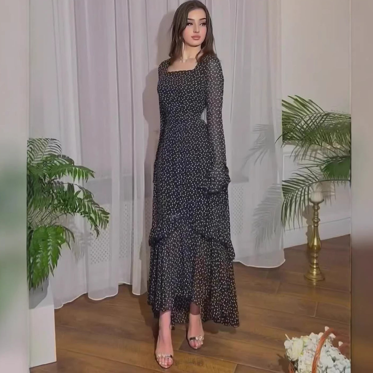 Dress Spring Long Length Patchwork Polka Dot Ruffle Sleeve ChiffonElegant