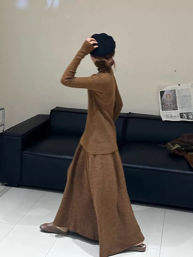 Turtleneck Knit Top and Half Skirt Two-Piece Set for Women, Elegant Slimming Knitwear Suit