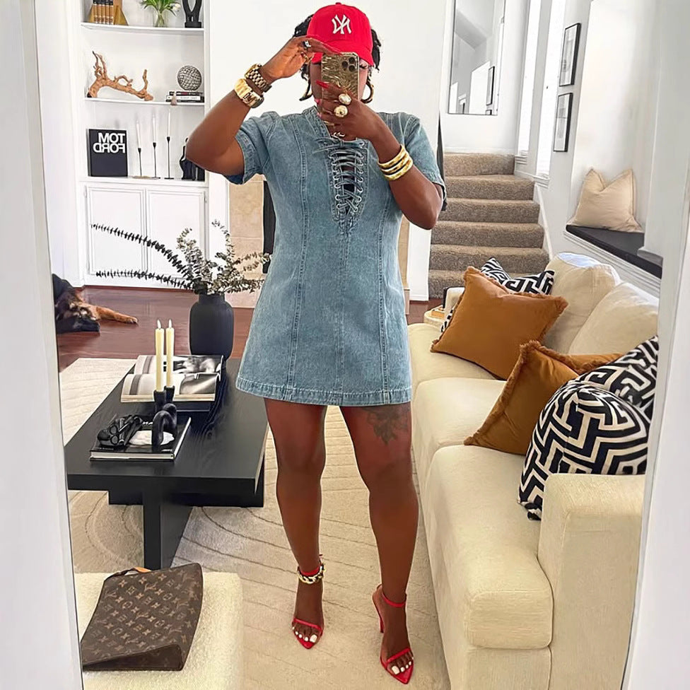 Women's Denim Dress Summer Street Fashion Tie-Front Short Sleeve Denim Dress