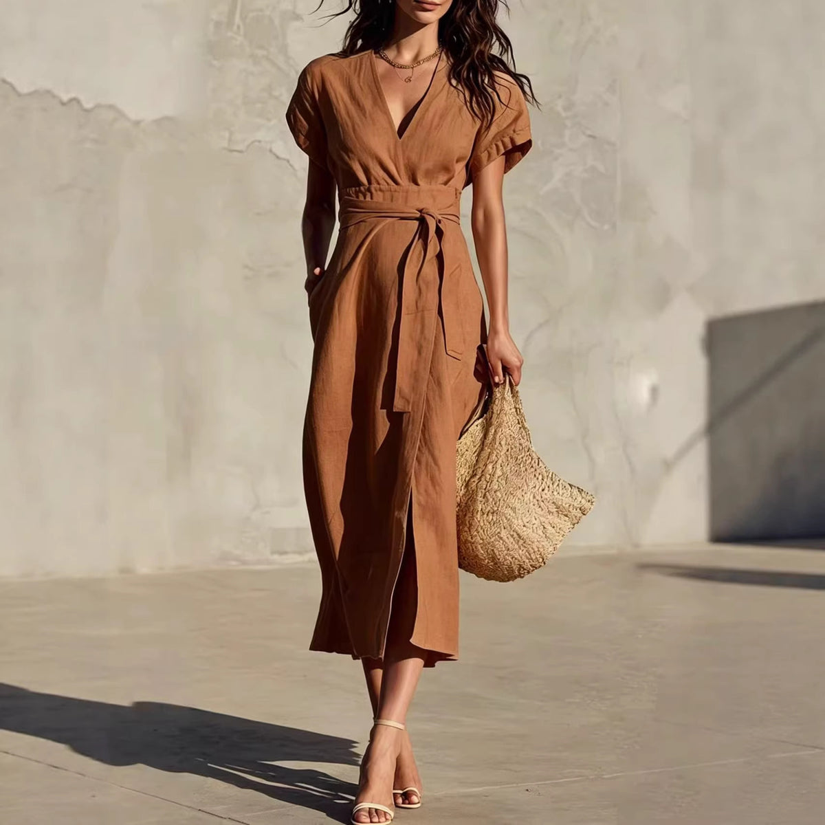 Casual Minimalist Solid Color Tie-Neck Pocket Midi Dress with V-Neckline