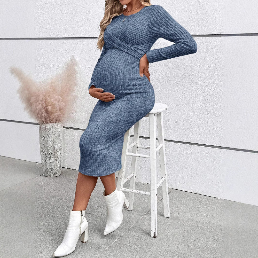 Long Sleeve Maternity Dress Elegant Knot Slim Fit Maternity Dress Full Length Dress