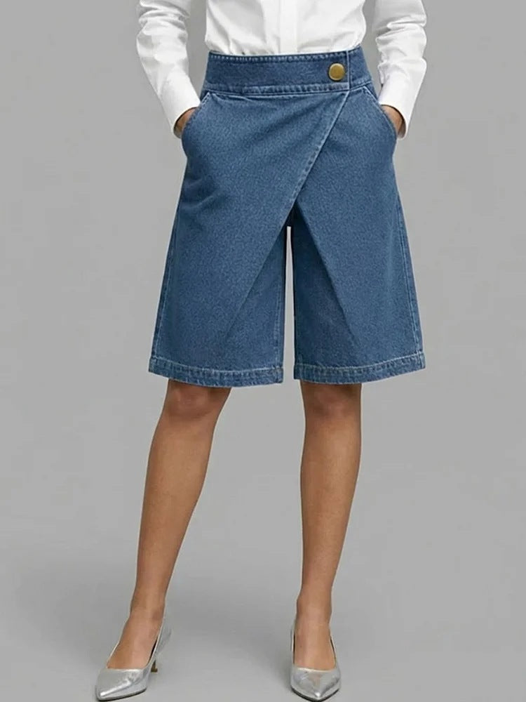 Asymmetric Denim-Style Five-Pocket Women's Shorts  Fashion Casual Style