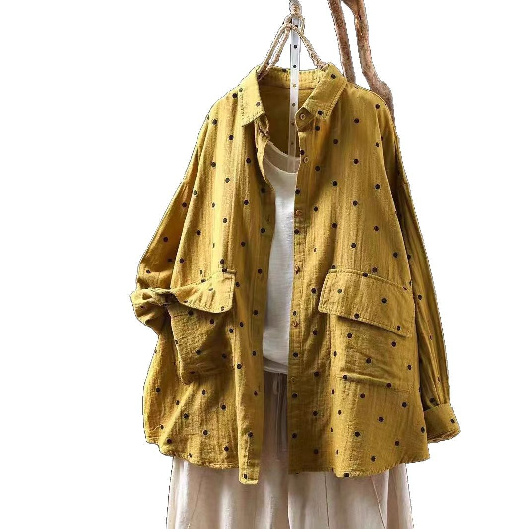 Loose Collar Cotton Shirt Women's Literary Slimming Long Sleeve Jacket Printed Outerwear