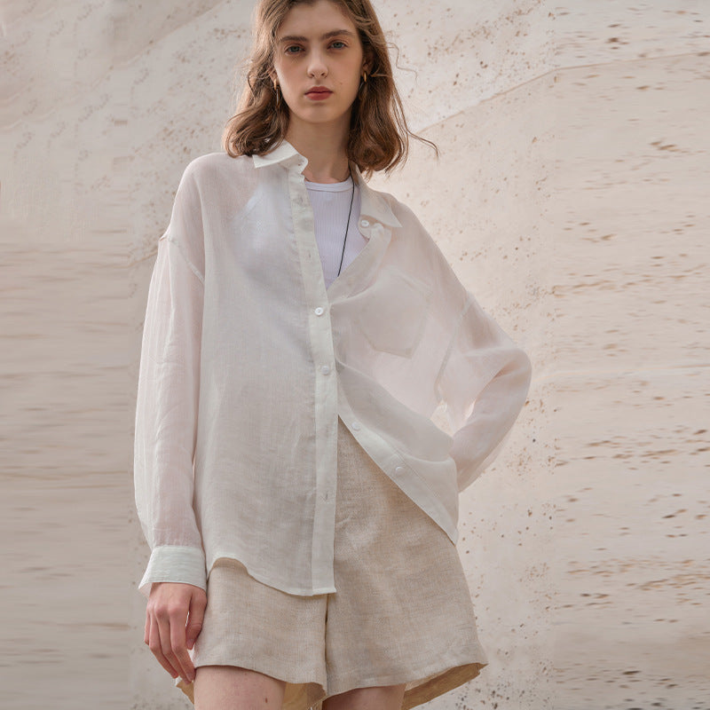 Pure Ramie Blouse High-end Women's French Sunscreen Loose Cardigan Turn-down Collar Long-sleeved Thin Shirt