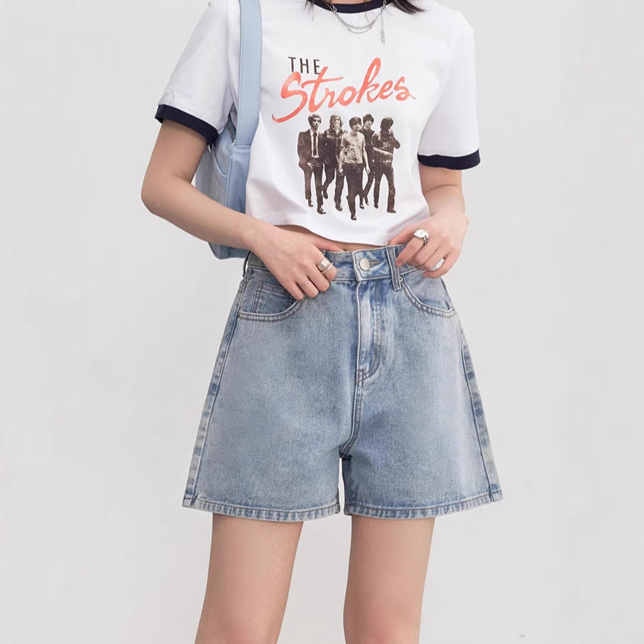 Style Denim Shorts Women's Literary Fresh High Waist Loose Slimming A-line Wide Leg Pants