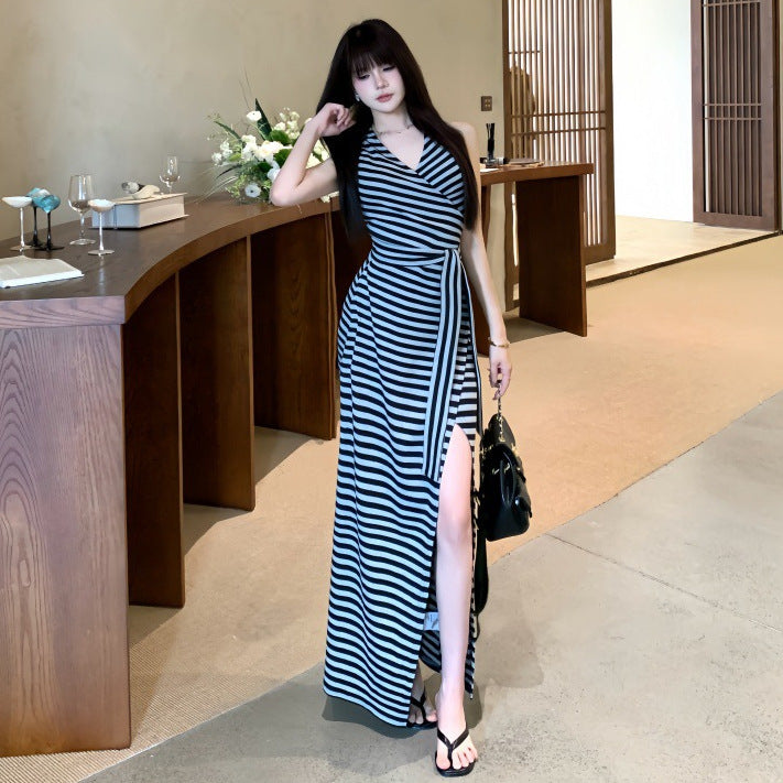 Stylish V-Neck Cross-Tie Stripe Dress for Women