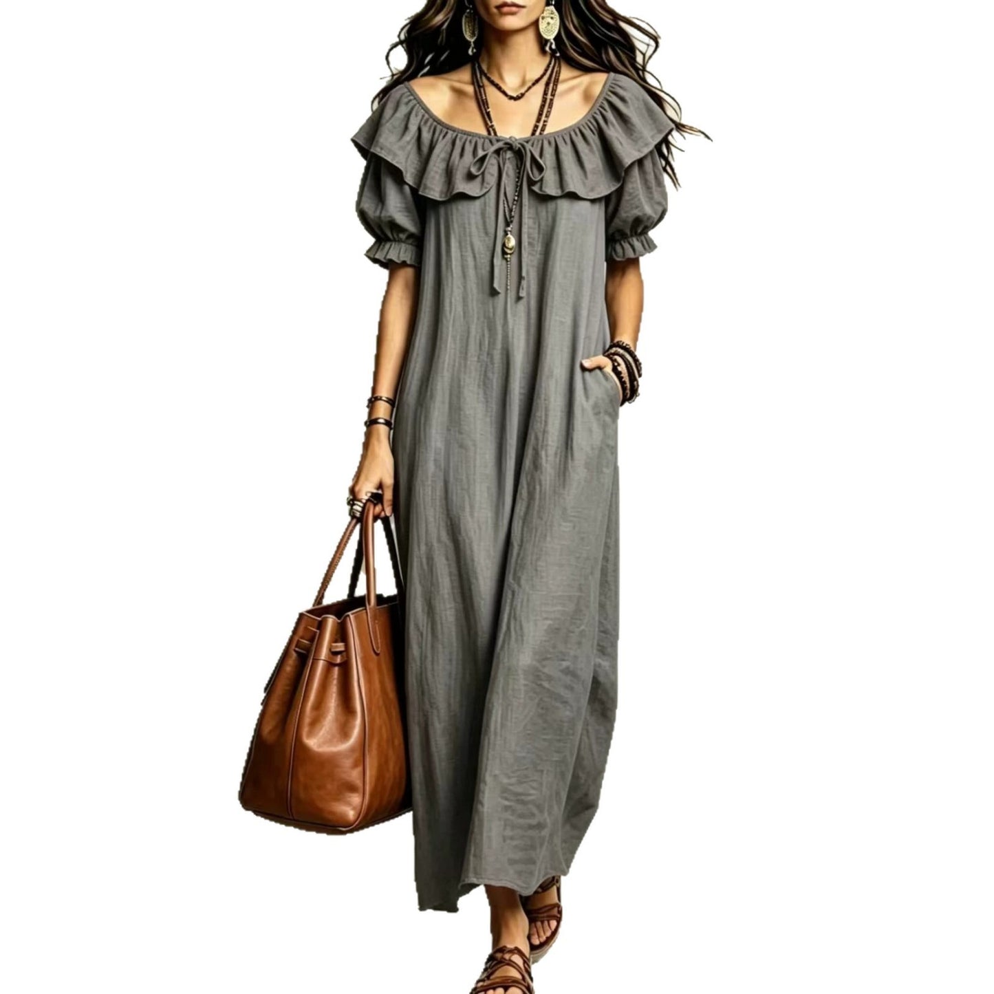 Casual Elegant Round Neck Ruffle Beach Vacation Dress for Women