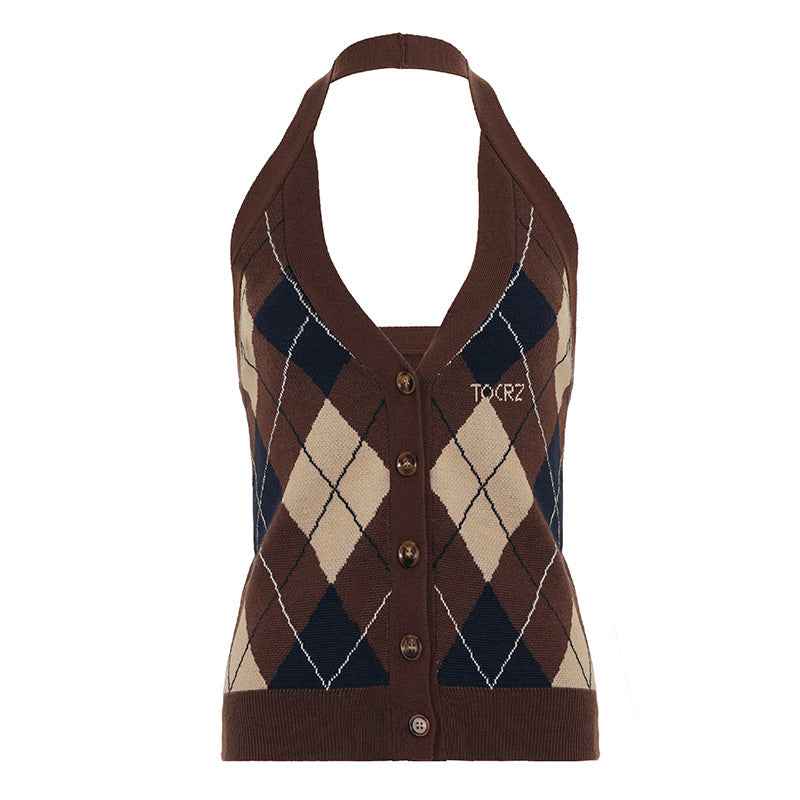 Backless slimming college style contrasting color backless top