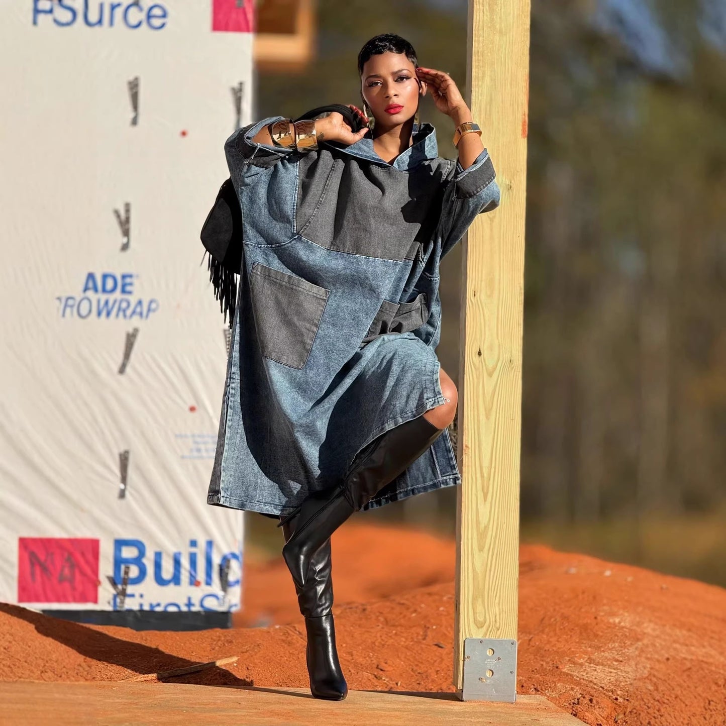 Hooded Mid-length Distressed Bleached Split Denim Dress