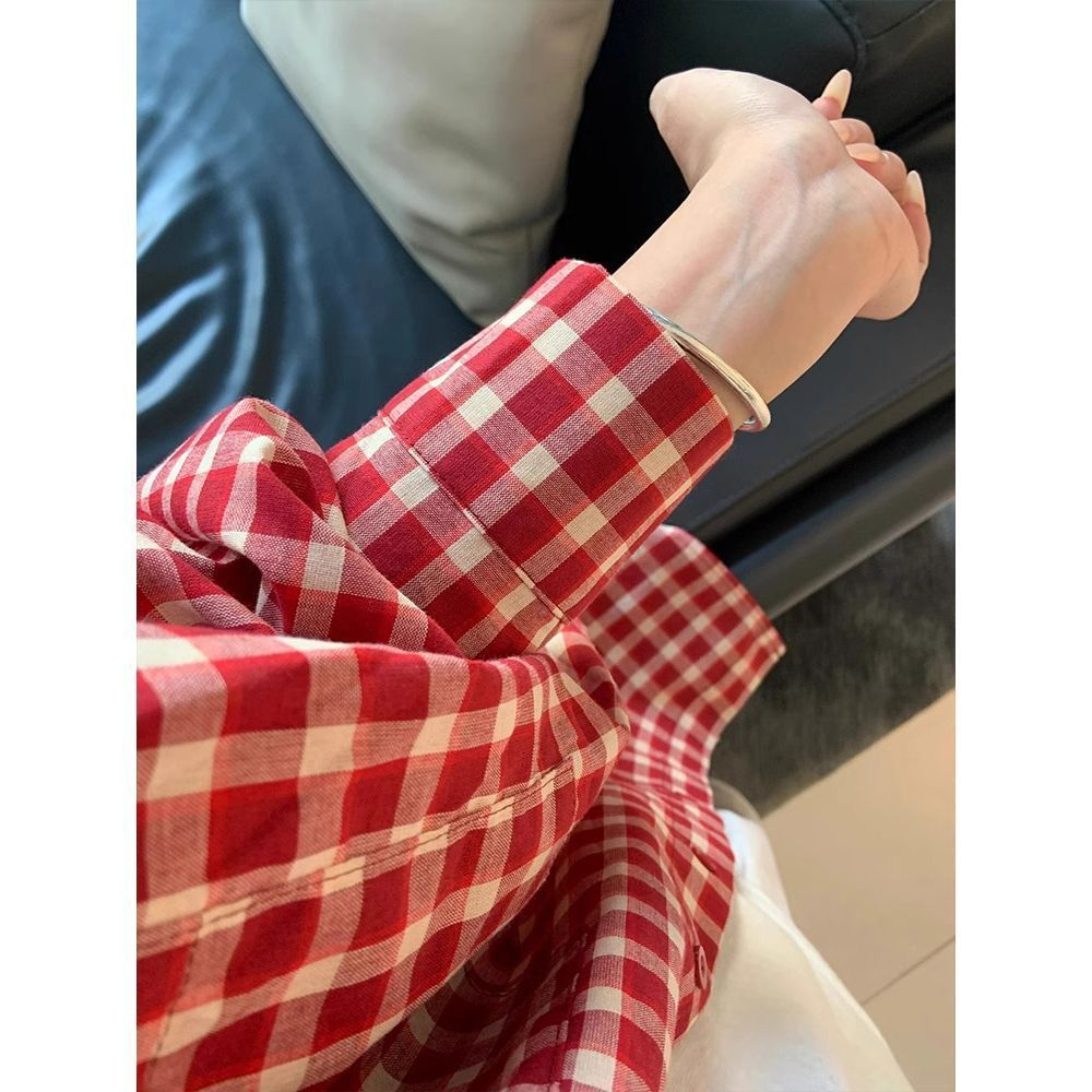 Retro Red Plaid Shirt Jacket Loose Casual Lazy Long Sleeve Sunscreen Blouse Top