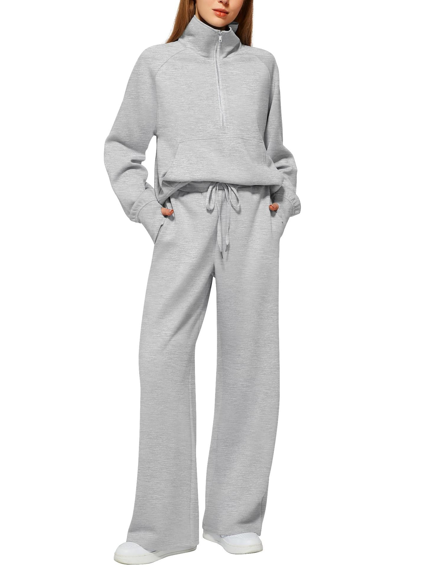 Women's Two-Piece Set with Oversized Half-Zip Hoodie and Wide-Leg Sweatpants Casual Outfit