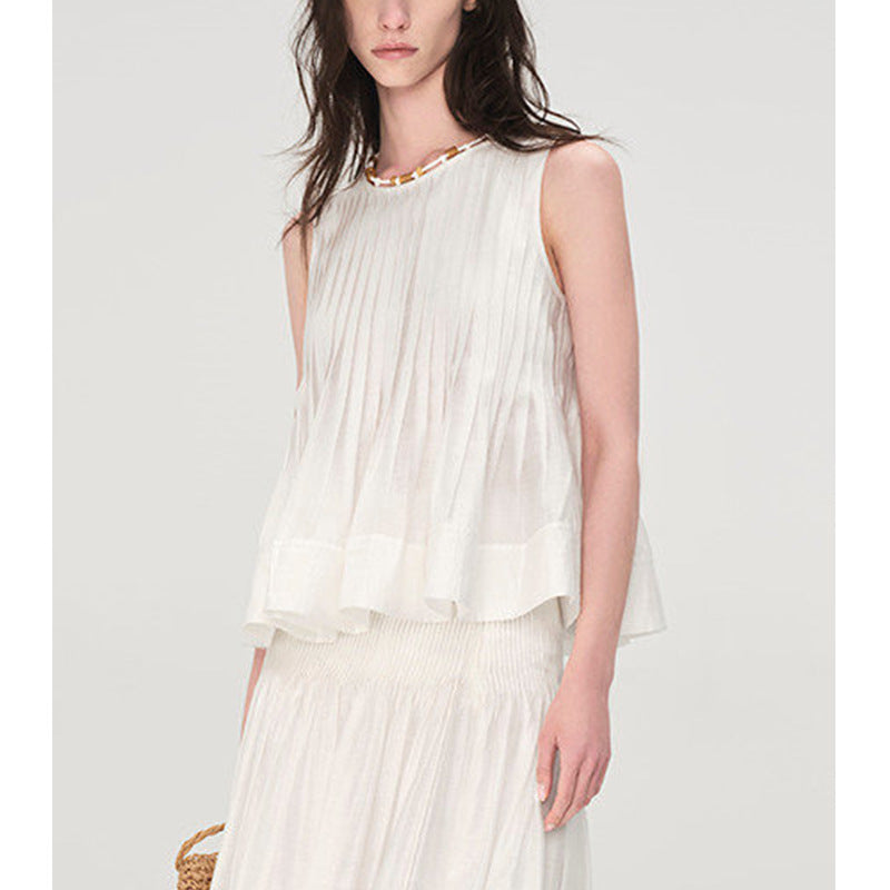 Elegant Ruffled Lace Sleeveless Blouse for Women with Round Neck and Beaded Decoration