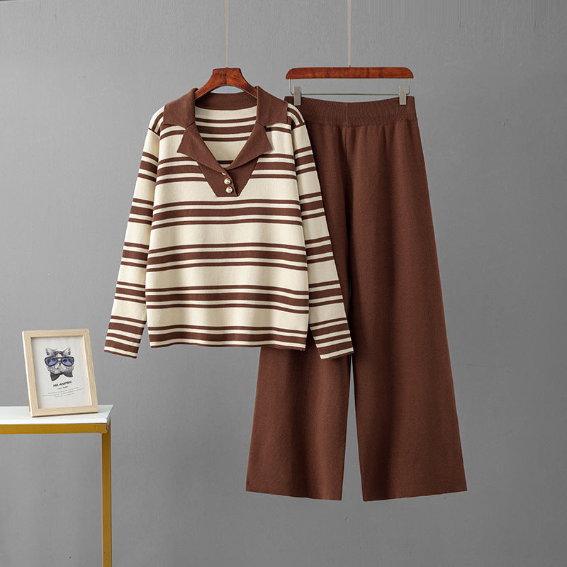 Flip collar color blocked striped long sleeved wide leg pants two-piece set for women
