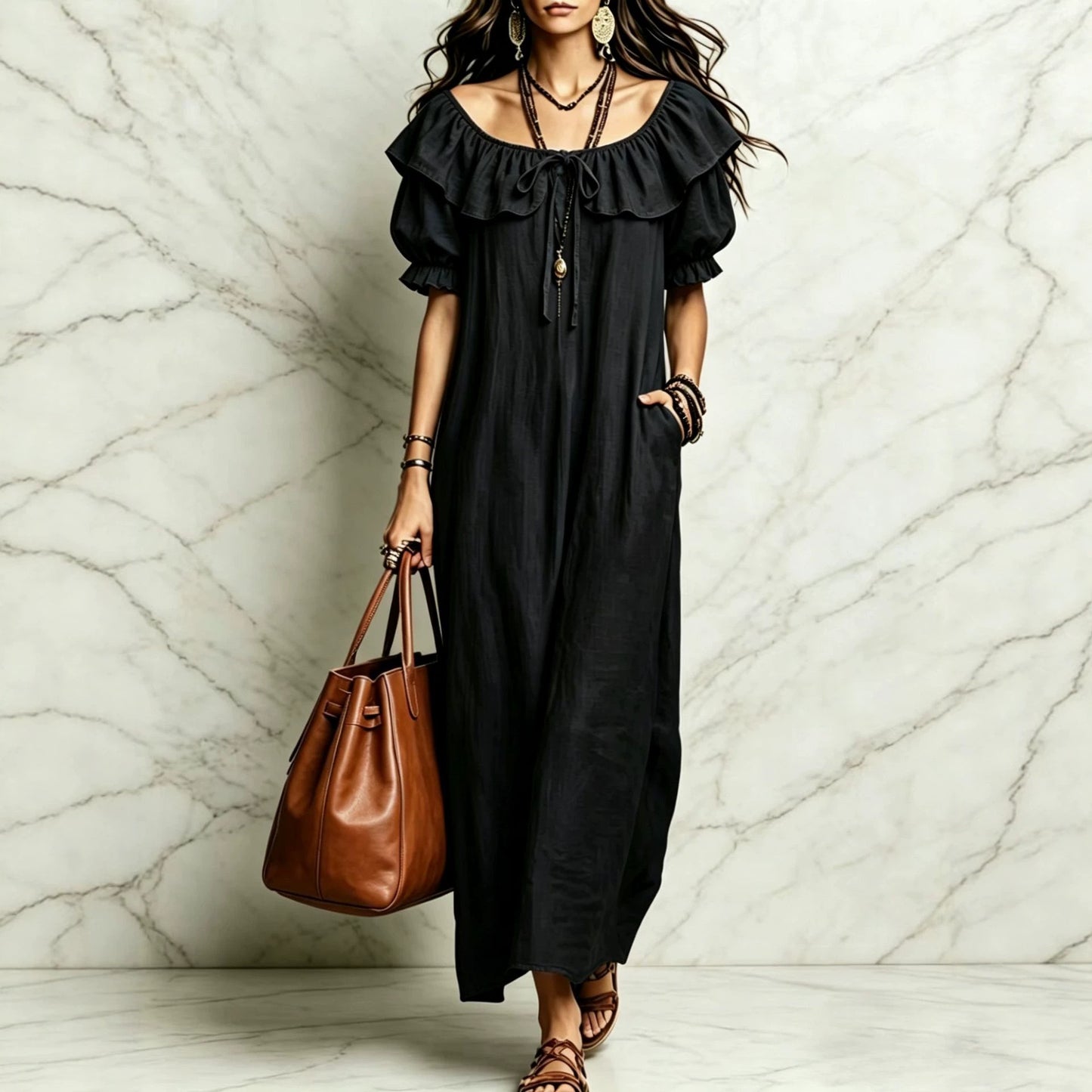 Casual Elegant Round Neck Ruffle Beach Vacation Dress for Women