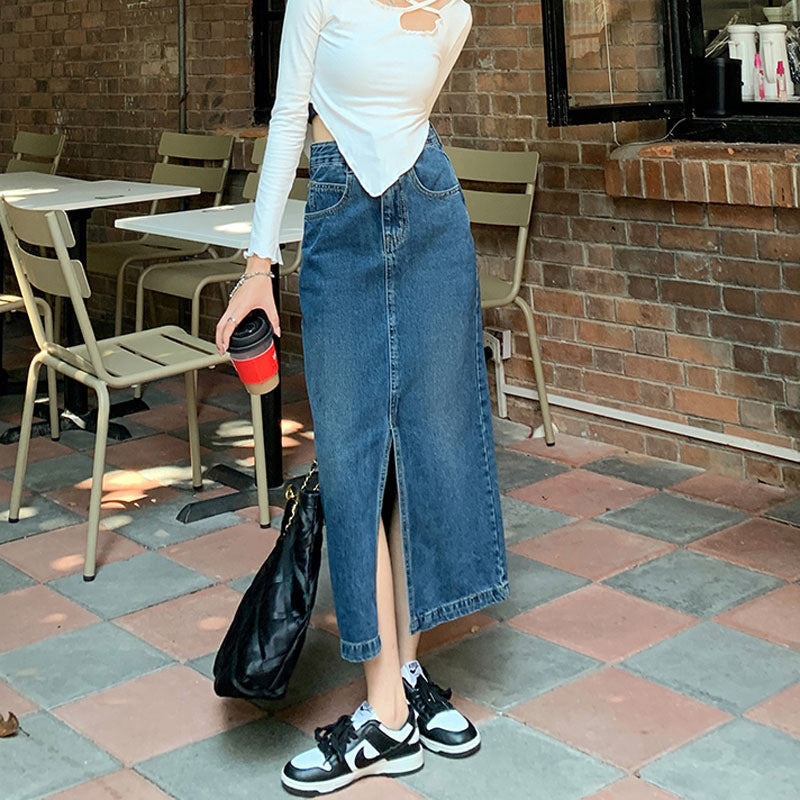 Half-sleeve High-Waisted Split A-Line Denim Skirt for Women, Vintage INS Style Slim-Fitting Mid-Length Bodycon Skirt