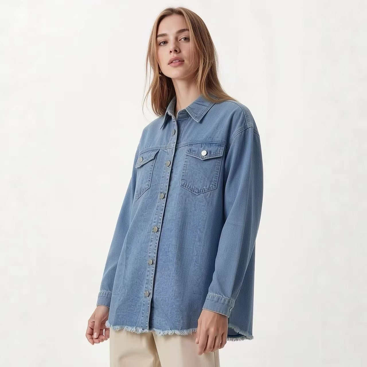 Retro Washed Casual Solid Color Mid-Length Long Sleeve Pocket Denim Jacket for Women
