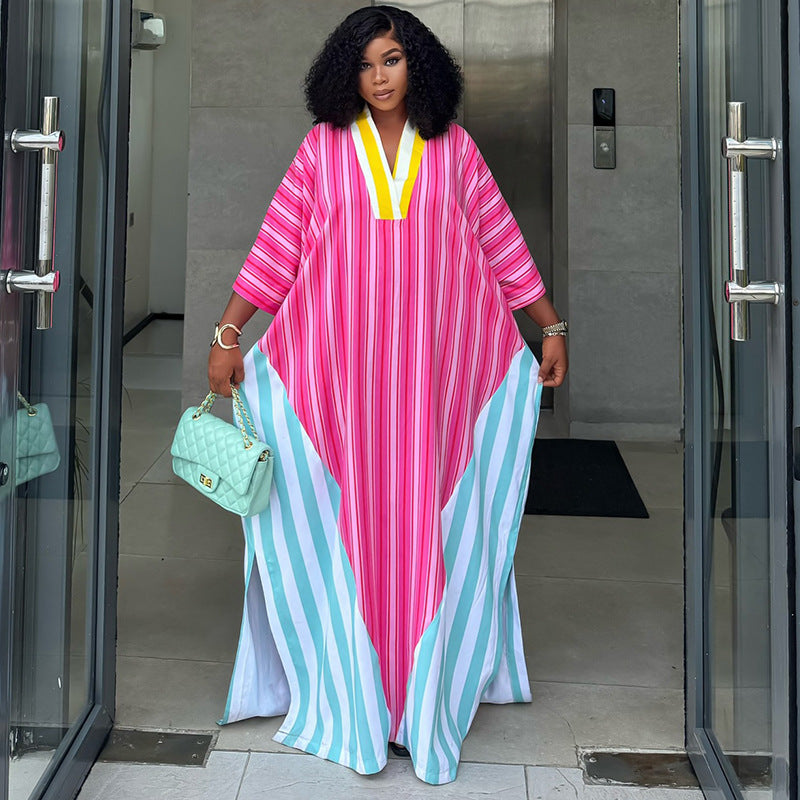 V-neck striped loose long dress